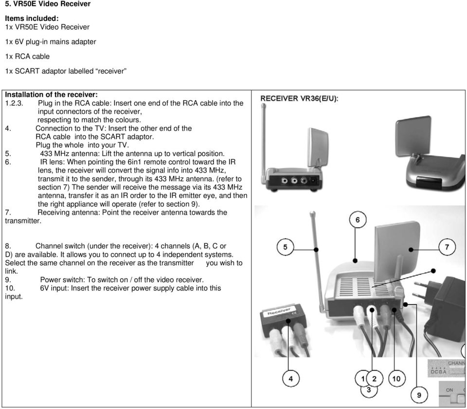 Connection to the TV: Insert the other end of the RCA cable into the SCART adaptor. Plug the whole into your TV. 5. 433 MHz antenna: Lift the antenna up to vertical position. 6.