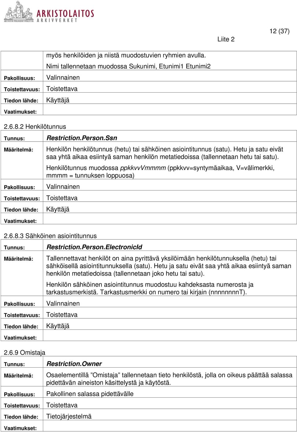 Henkilötunnus muodossa ppkkvvvmmmm (ppkkvv=syntymäaikaa, V=välimerkki, mmmm = tunnuksen loppuosa) Käyttäjä 2.6.8.3 Sähköinen asiointitunnus Restriction.Person.