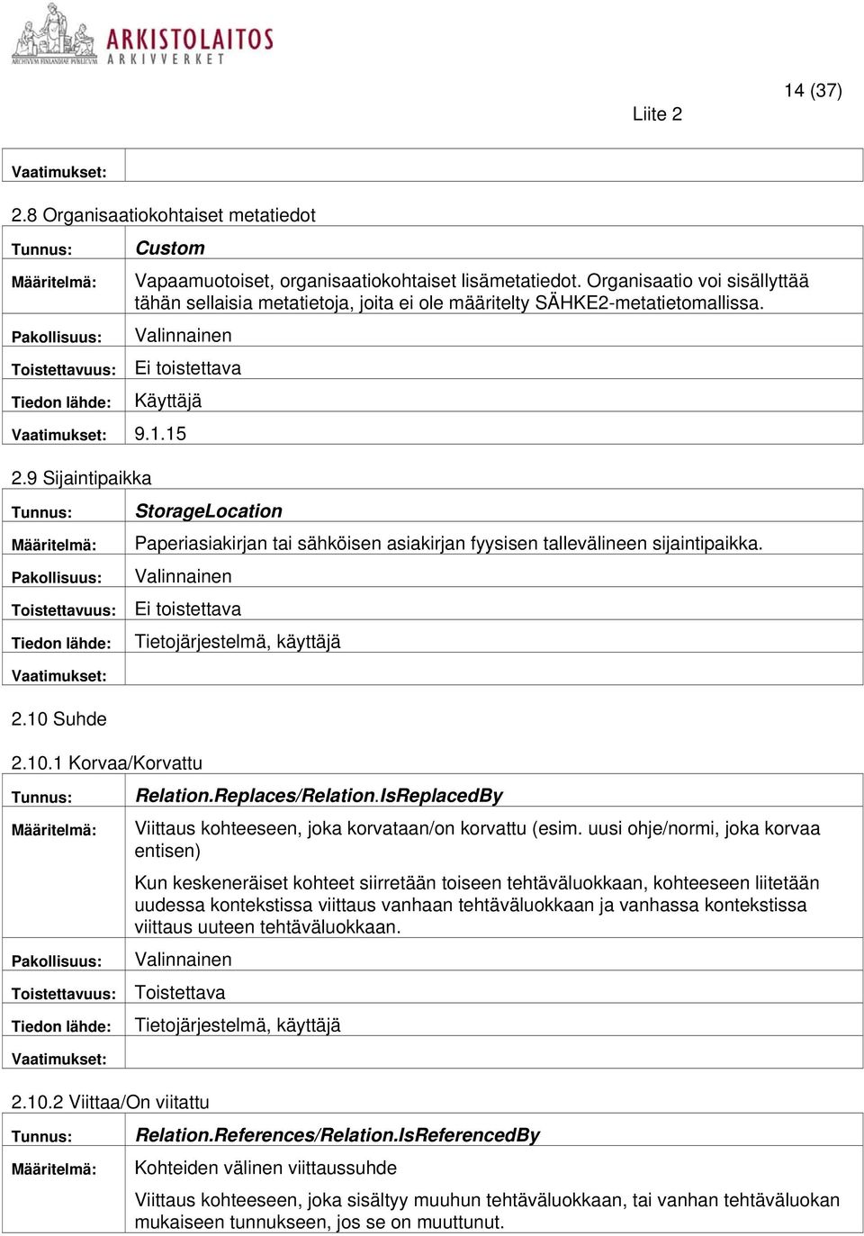 10 Suhde StorageLocation Paperiasiakirjan tai sähköisen asiakirjan fyysisen tallevälineen sijaintipaikka. 2.10.1 Korvaa/Korvattu, käyttäjä Relation.Replaces/Relation.