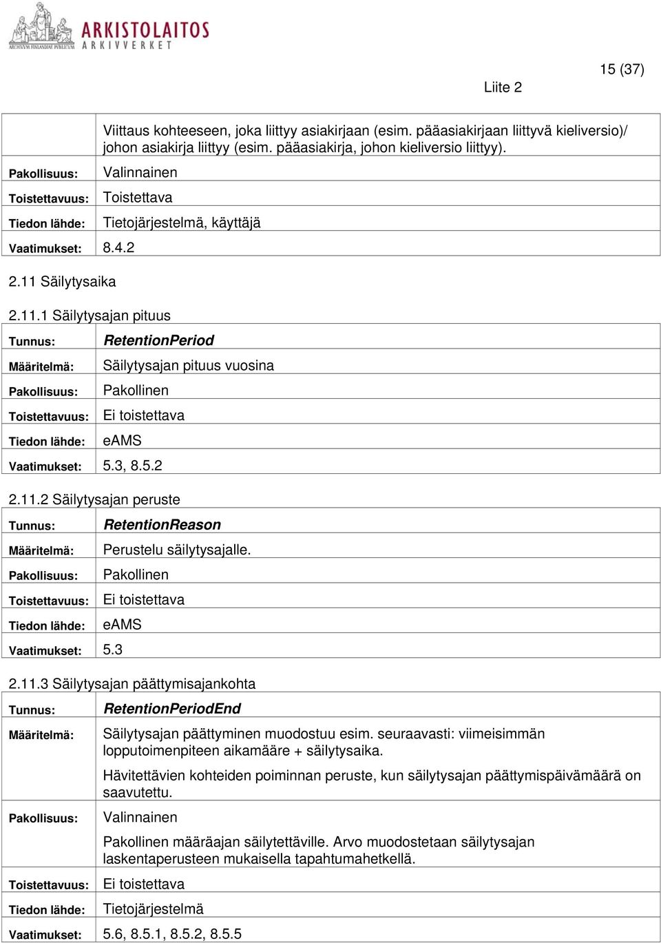 eams 5.3 2.11.3 Säilytysajan päättymisajankohta RetentionPeriodEnd Säilytysajan päättyminen muodostuu esim. seuraavasti: viimeisimmän lopputoimenpiteen aikamääre + säilytysaika.