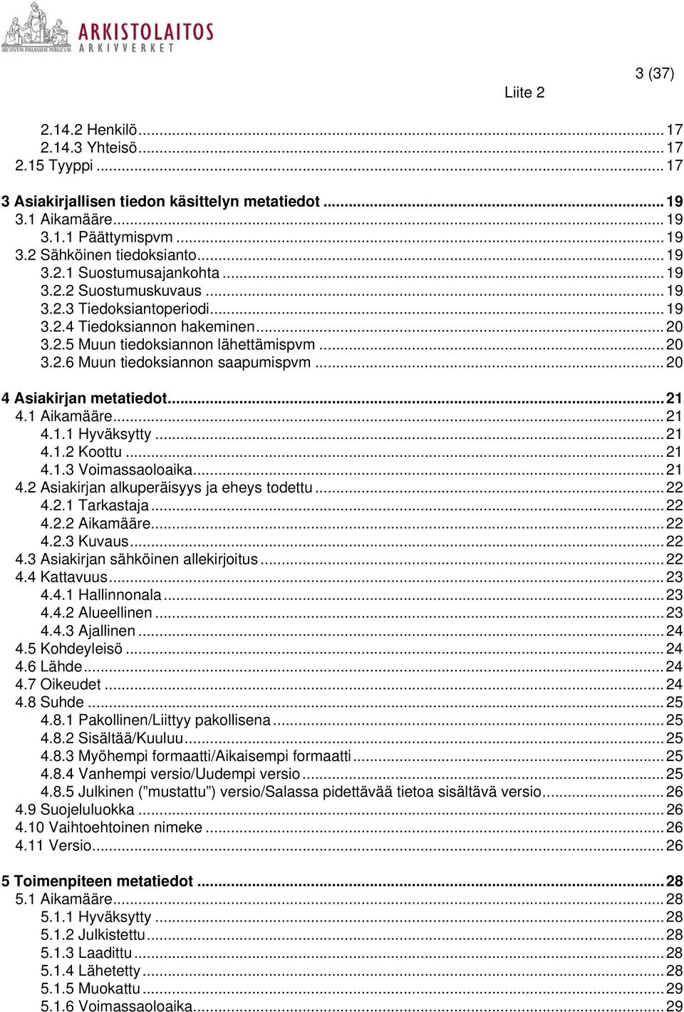 .. 20 4 Asiakirjan metatiedot... 21 4.1 Aikamääre... 21 4.1.1 Hyväksytty... 21 4.1.2 Koottu...21 4.1.3 Voimassaoloaika... 21 4.2 Asiakirjan alkuperäisyys ja eheys todettu... 22 4.2.1 Tarkastaja... 22 4.2.2 Aikamääre.