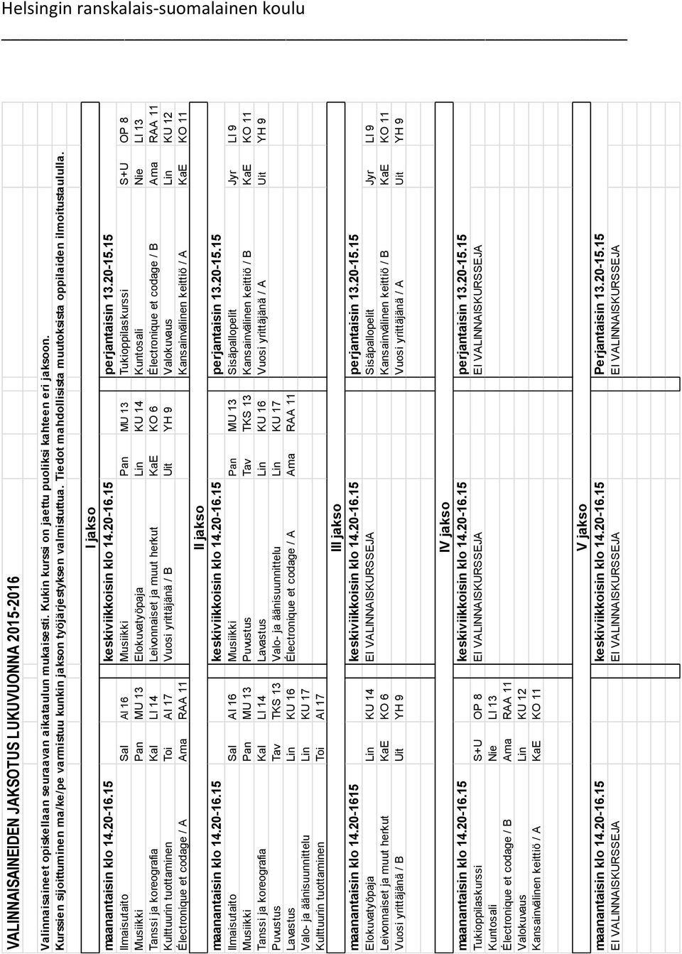 15 keskiviikkoisin klo 14.20-16.15 perjantaisin 13.20-15.