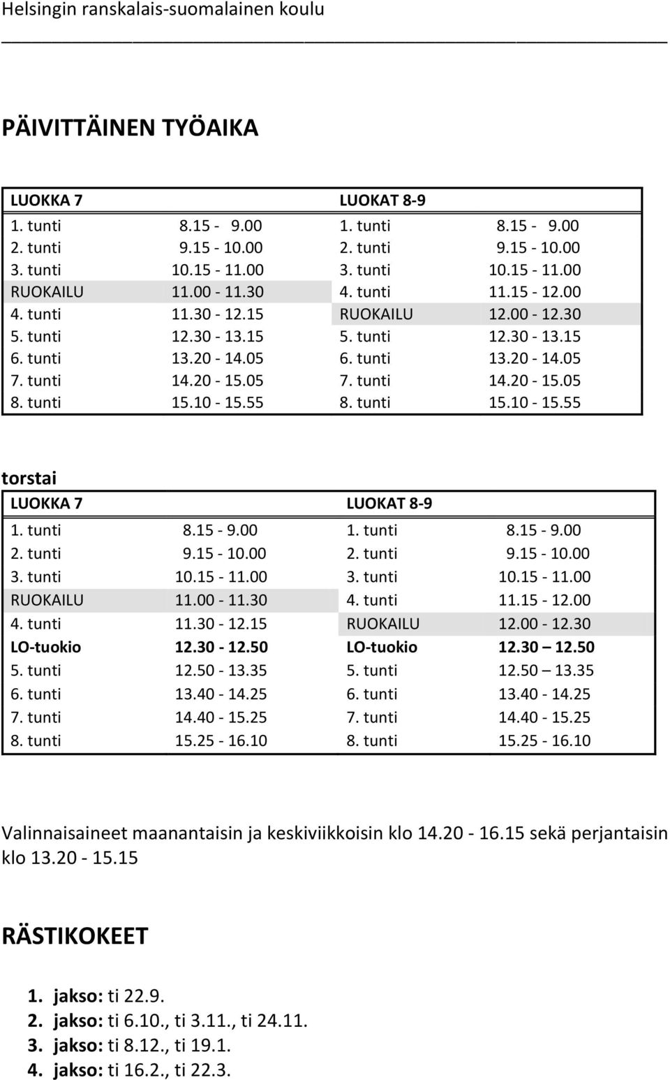 tunti 15.10-15.55 8. tunti 15.10-15.55 torstai LUOKKA 7 LUOKAT 8-9 1. tunti 8.15-9.00 1. tunti 8.15-9.00 2. tunti 9.15-10.00 2. tunti 9.15-10.00 3. tunti 10.15-11.00 3. tunti 10.15-11.00 RUOKAILU 11.