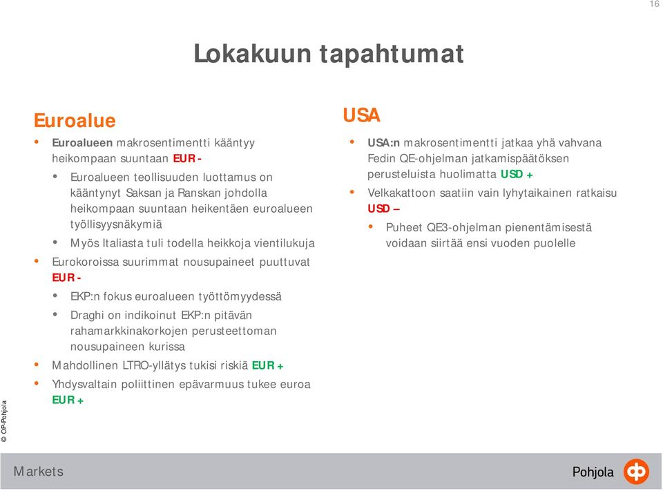 pitävän rahamarkkinakorkojen perusteettoman nousupaineen kurissa Mahdollinen LTRO-yllätys tukisi riskiä EUR + Yhdysvaltain poliittinen epävarmuus tukee euroa EUR + USA USA:n makrosentimentti jatkaa