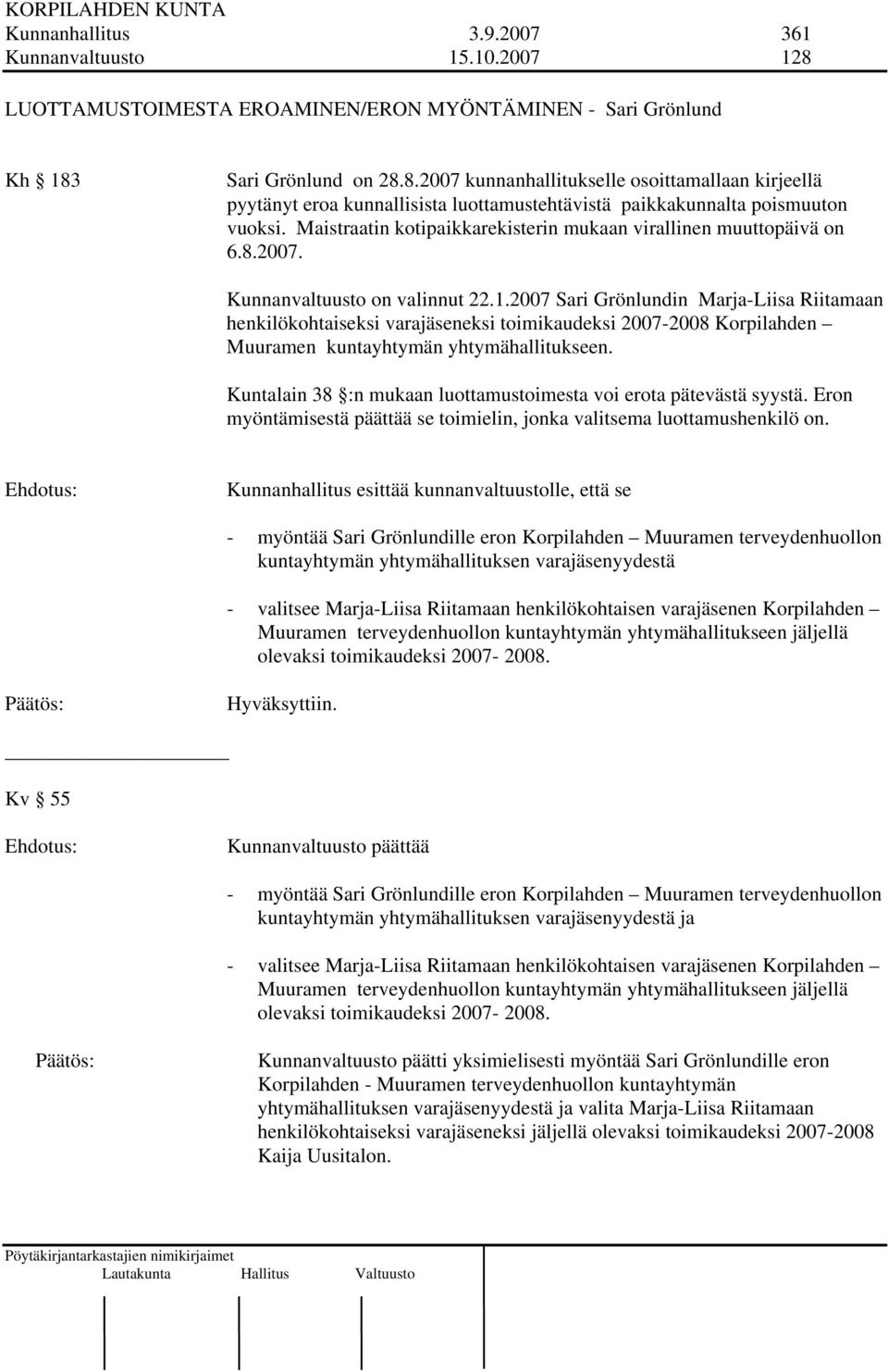 2007 Sari Grönlundin Marja-Liisa Riitamaan henkilökohtaiseksi varajäseneksi toimikaudeksi 2007-2008 Korpilahden Muuramen kuntayhtymän yhtymähallitukseen.