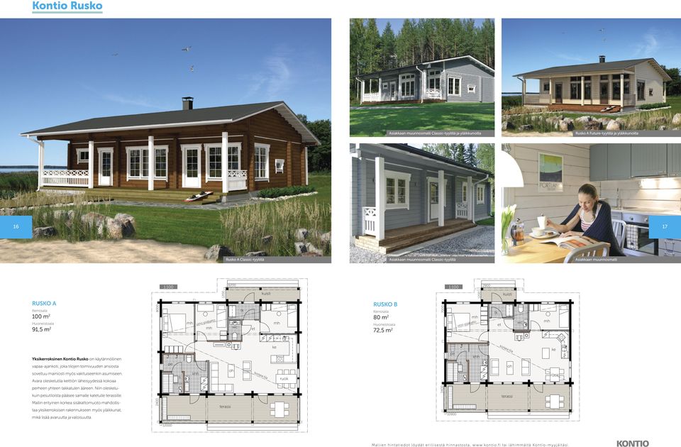 Kerroala 80 m 2 Huoneitoala 72,5 m 2 7000 vino iäkatto Ykirrokinen Kontio Ruko on käytännöllinen vapaa-ajankoti, joka tilojen toimivuuden aniota oveltuu mainioti myö vakituieenkin aumieen.