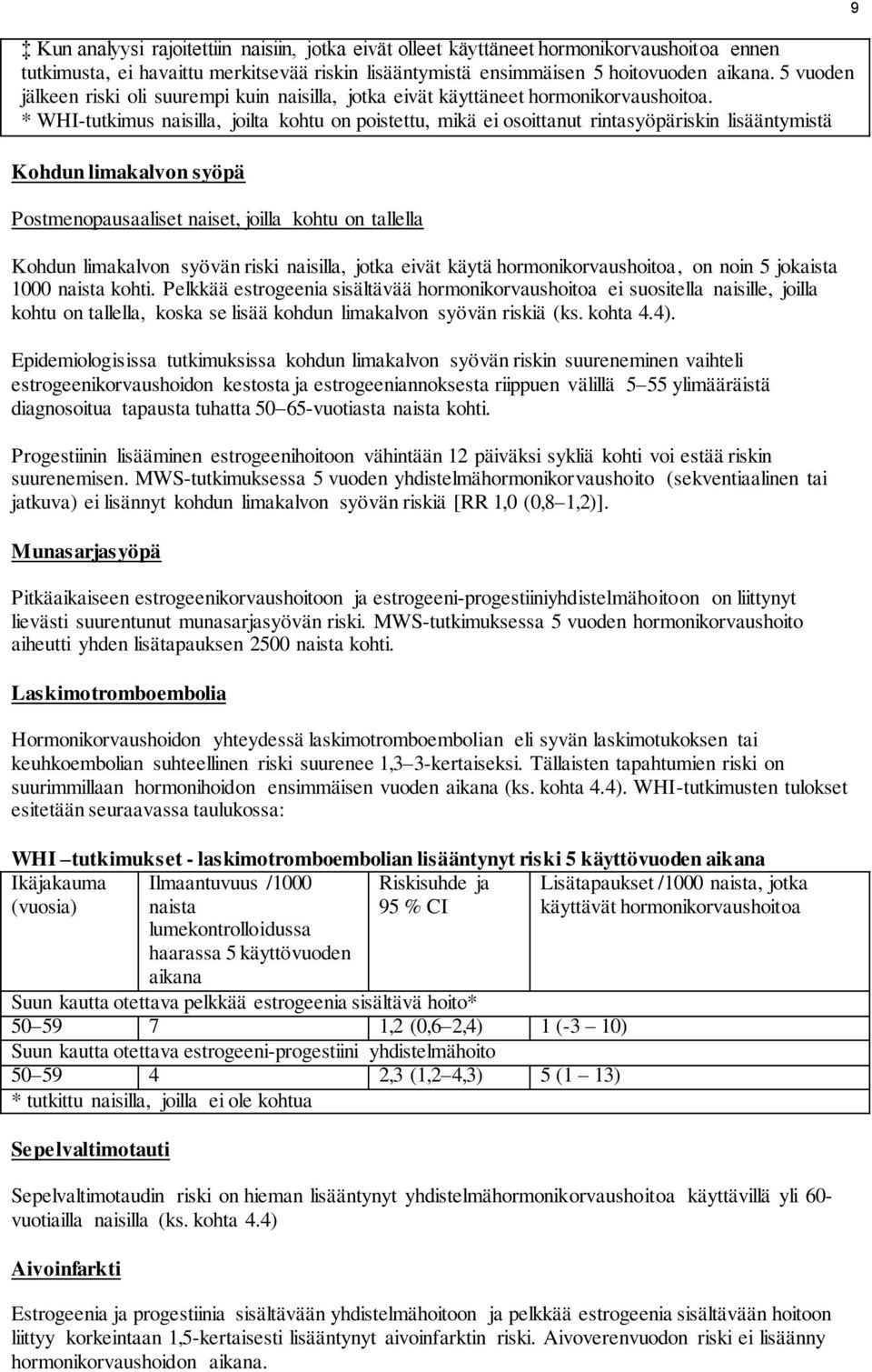 * WHI-tutkimus naisilla, joilta kohtu on poistettu, mikä ei osoittanut rintasyöpäriskin lisääntymistä Kohdun limakalvon syöpä Postmenopausaaliset naiset, joilla kohtu on tallella Kohdun limakalvon