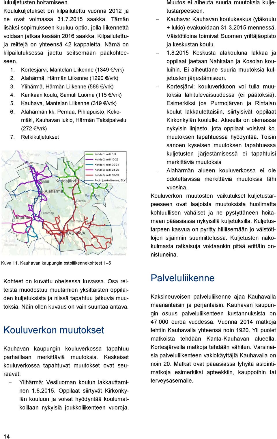 Nämä on kilpailutuksessa jaettu seitsemään pääkohteeseen. 1. Kortesjärvi, Mantelan Liikenne (1349 /vrk) 2. Alahärmä, Härmän Liikenne (1290 /vrk) 3. Ylihärmä, Härmän Liikenne (586 /vrk) 4.