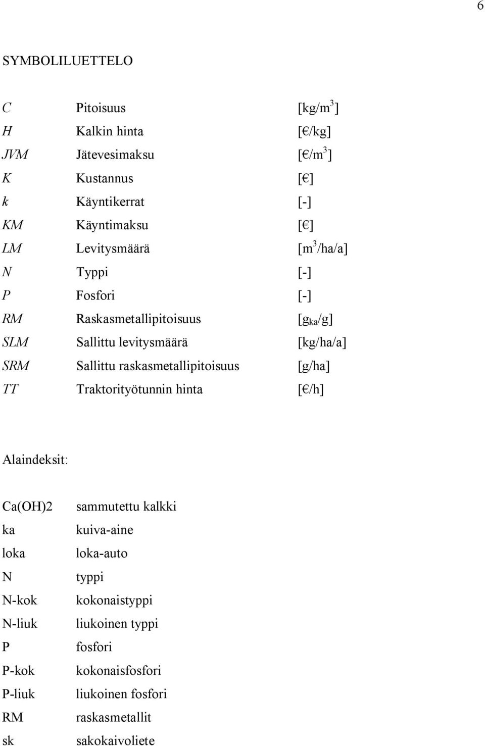 Sallittu raskasmetallipitoisuus [g/ha] TT Traktorityötunnin hinta [ /h] Alaindeksit: Ca(OH)2 ka loka N N-kok N-liuk P P-kok P-liuk RM sk