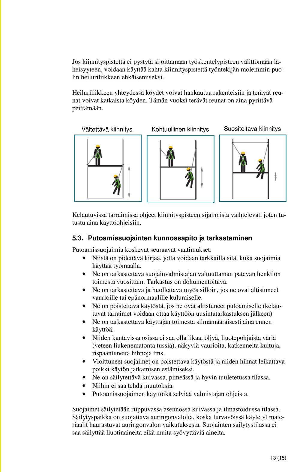 Vältettävä kiinnitys Kohtuullinen kiinnitys Suositeltava kiinnitys Kelautuvissa tarraimissa ohjeet kiinnityspisteen sijainnista vaihtelevat, joten tutustu aina käyttöohjeisiin. 5.3.