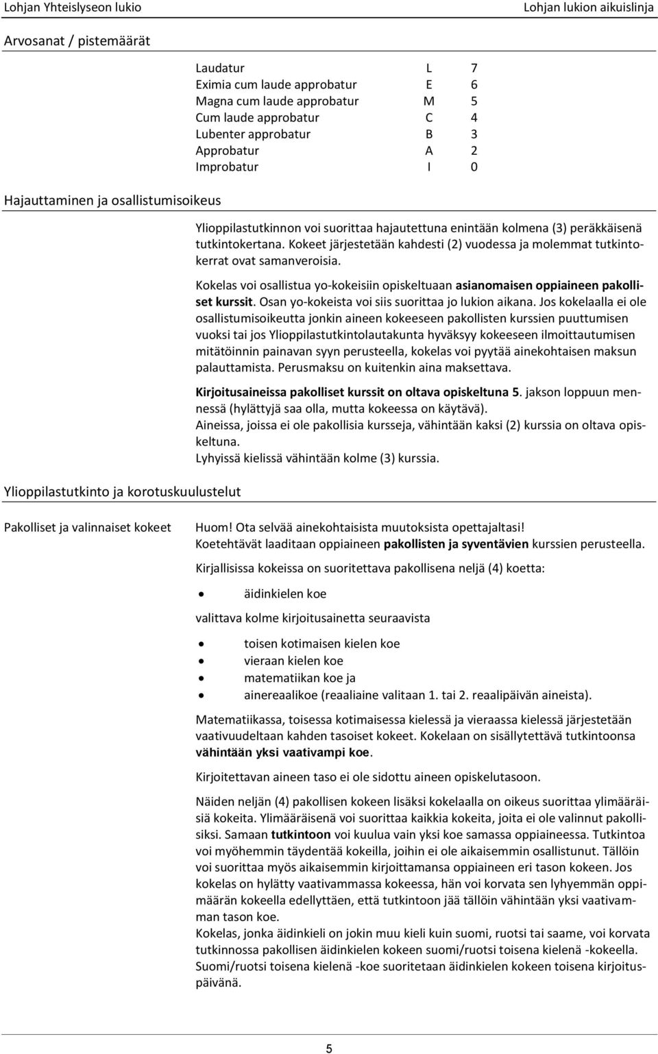 Kokeet järjestetään kahdesti (2) vuodessa ja molemmat tutkintokerrat ovat samanveroisia. Kokelas voi osallistua yo-kokeisiin opiskeltuaan asianomaisen oppiaineen pakolliset kurssit.