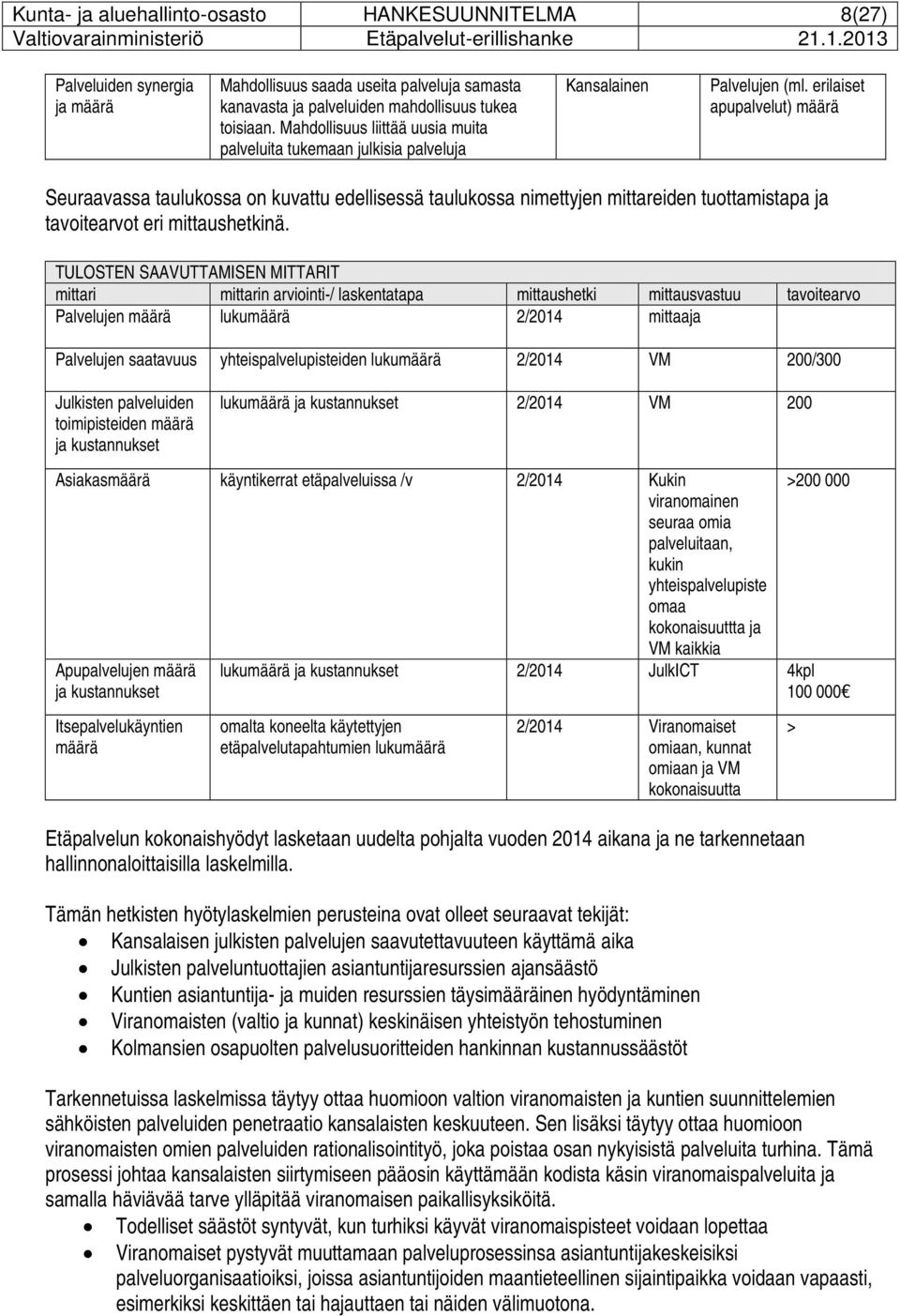 erilaiset apupalvelut) määrä Seuraavassa taulukossa on kuvattu edellisessä taulukossa nimettyjen mittareiden tuottamistapa ja tavoitearvot eri mittaushetkinä.