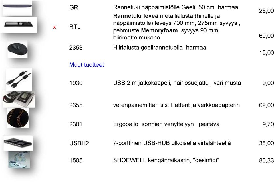 hiirimatto mukana 25,00 60,00 2353 Hiirialusta geelirannetuella harmaa 15,00 Muut tuotteet 1930 USB 2 m jatkokaapeli, häiriösuojattu,