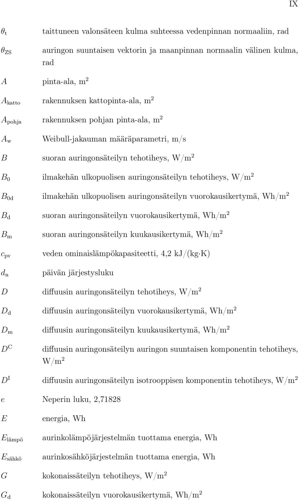 tehotiheys, W/m 2 B 0d ilmakehän ulkopuolisen auringonsäteilyn vuorokausikertymä, Wh/m 2 B d suoran auringonsäteilyn vuorokausikertymä, Wh/m 2 B m suoran auringonsäteilyn kuukausikertymä, Wh/m 2 c pv