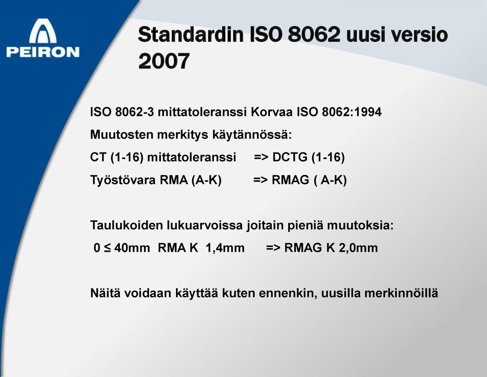 (A-K) => RMAG ( A-K) Taulukoiden lukuarvoissa joitain pieniä muutoksia: 0 40mm