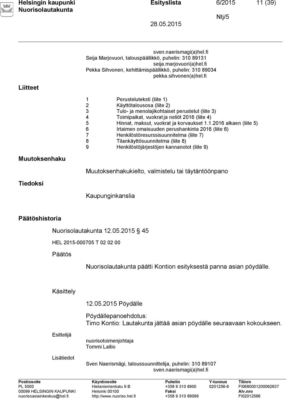 fi 1 Perusteluteksti (liite 1) 2 Käyttötalousosa (liite 2) 3 Tulo- ja menolajikohtaiset perustelut (liite 3) 4 Toimipaikat, vuokrat ja neliöt 2016 (liite 4) 5 Hinnat, maksut, vuokrat ja korvaukset 1.