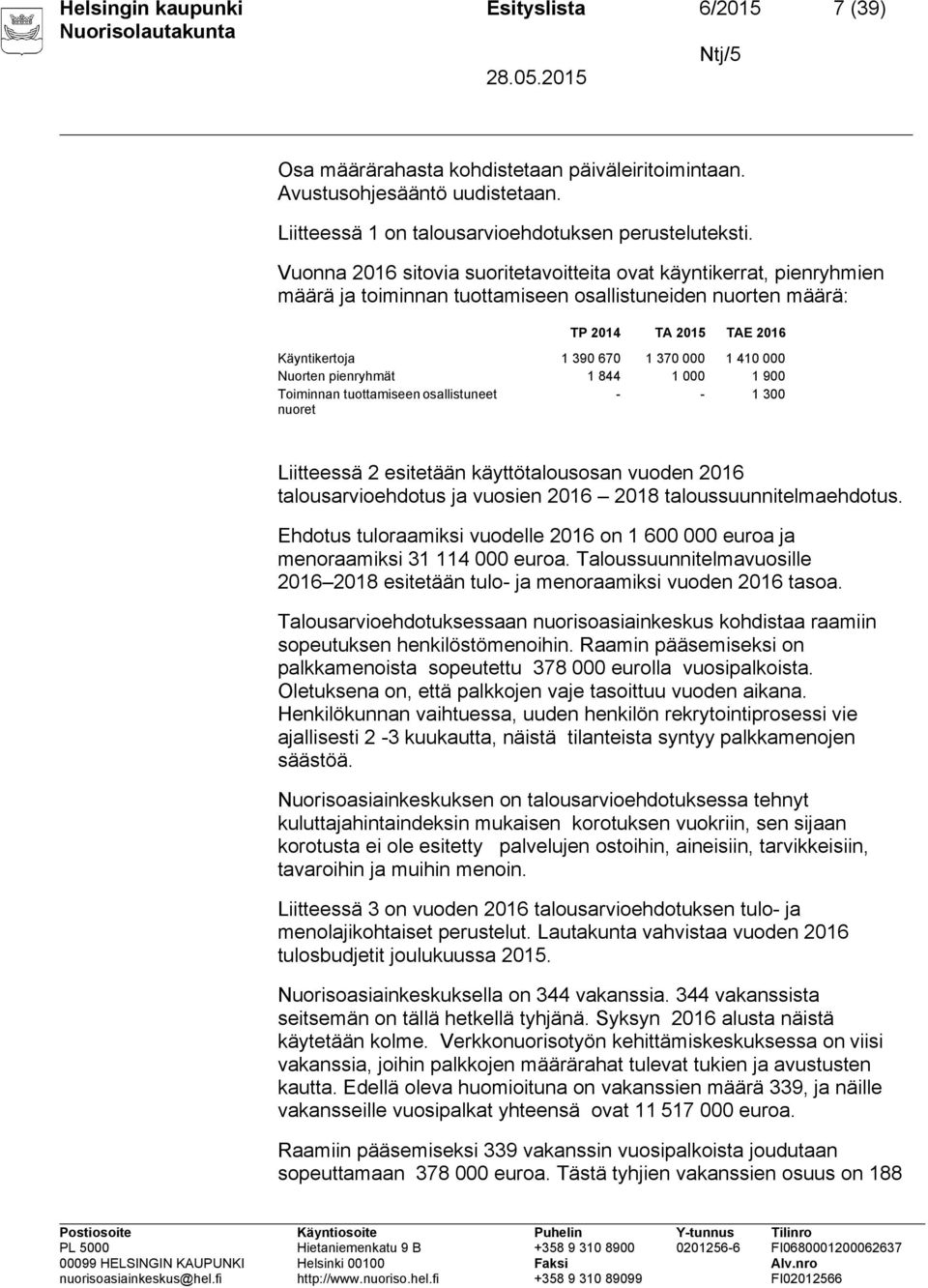 000 Nuorten pienryhmät 1 844 1 000 1 900 Toiminnan tuottamiseen osallistuneet nuoret - - 1 300 Liitteessä 2 esitetään käyttötalousosan vuoden 2016 talousarvioehdotus ja vuosien 2016 2018