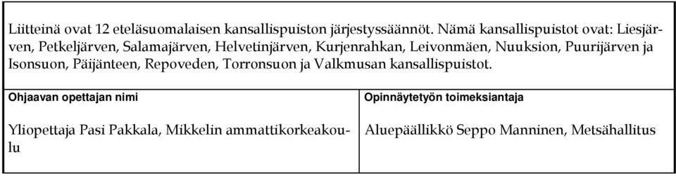 Leivonmäen, Nuuksion, Puurijärven ja Isonsuon, Päijänteen, Repoveden, Torronsuon ja Valkmusan