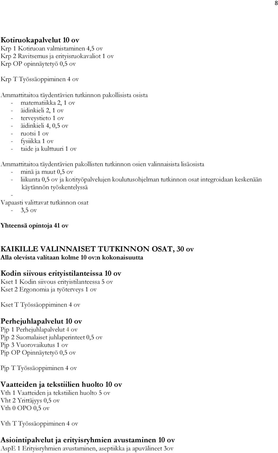 pakollisten tutkinnon osien valinnaisista lisäosista - minä ja muut 0,5 ov - liikunta 0,5 ov ja kotityöpalvelujen koulutusohjelman tutkinnon osat integroidaan keskenään käytännön työskentelyssä -