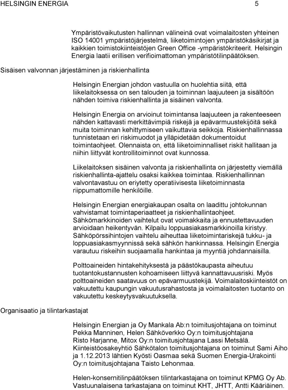 Sisäisen valvonnan järjestäminen ja riskienhallinta Organisaatio ja tilintarkastajat Helsingin Energian johdon vastuulla on huolehtia siitä, että liikelaitoksessa on sen talouden ja toiminnan