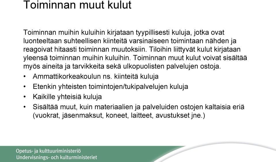 Toiminnan muut kulut voivat sisältää myös aineita ja tarvikkeita sekä ulkopuolisten palvelujen ostoja. Ammattikorkeakoulun ns.