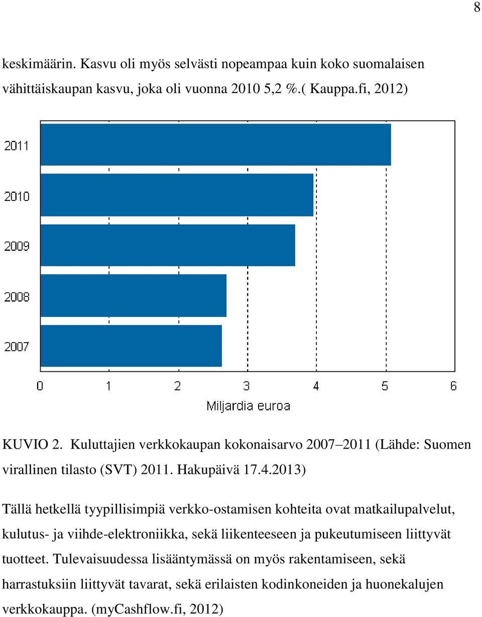 2013) Tällä hetkellä tyypillisimpiä verkko-ostamisen kohteita ovat matkailupalvelut, kulutus- ja viihde-elektroniikka, sekä liikenteeseen ja