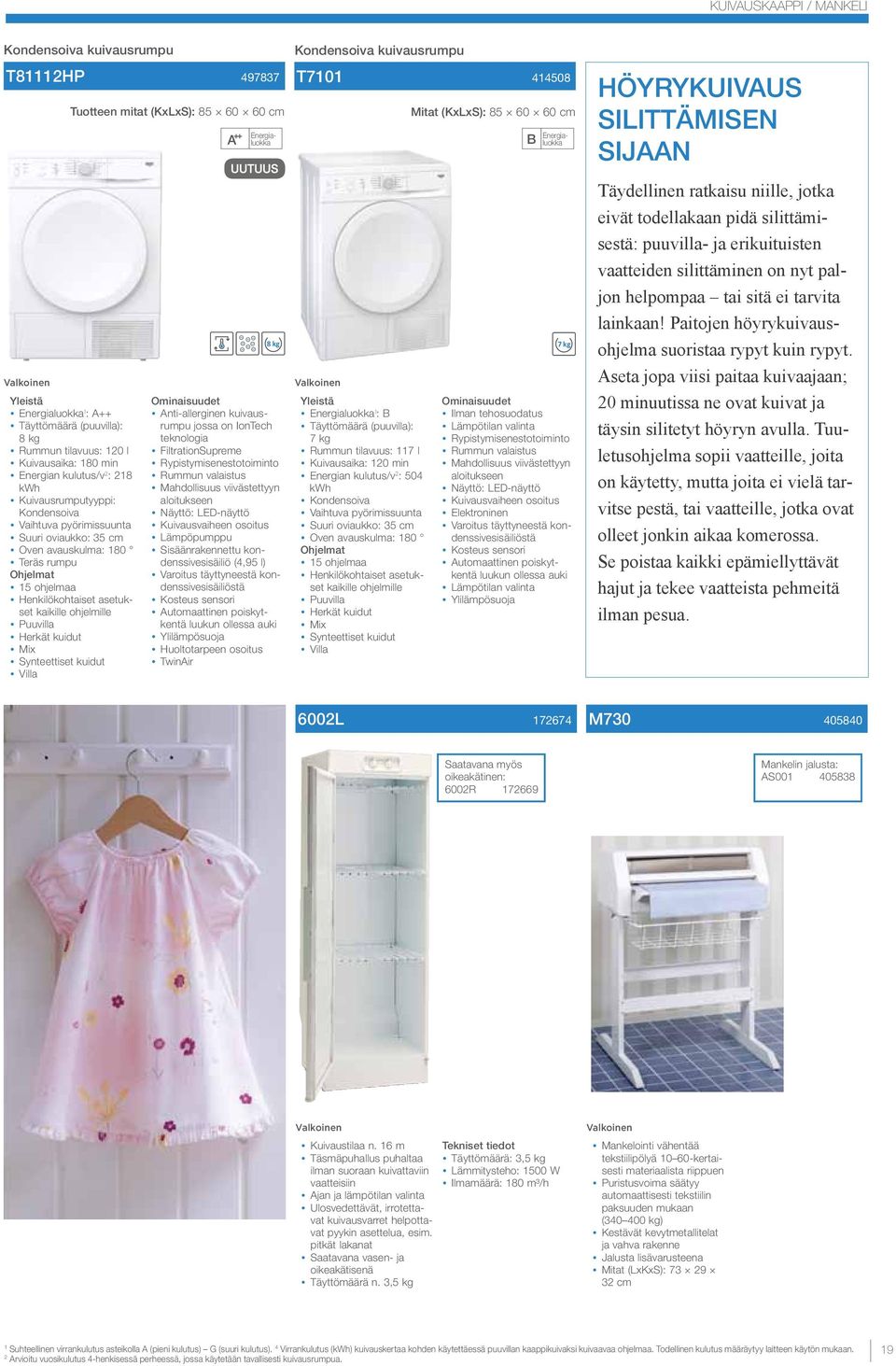 Tuotteen mitat (KxLxS): 85 60 60 cm 8 kg Ominaisuudet nti-allerginen kuivausrumpu jossa on IonTech teknologia FiltrationSupreme Rypistymisenestotoiminto Rummun valaistus Mahdollisuus viivästettyyn
