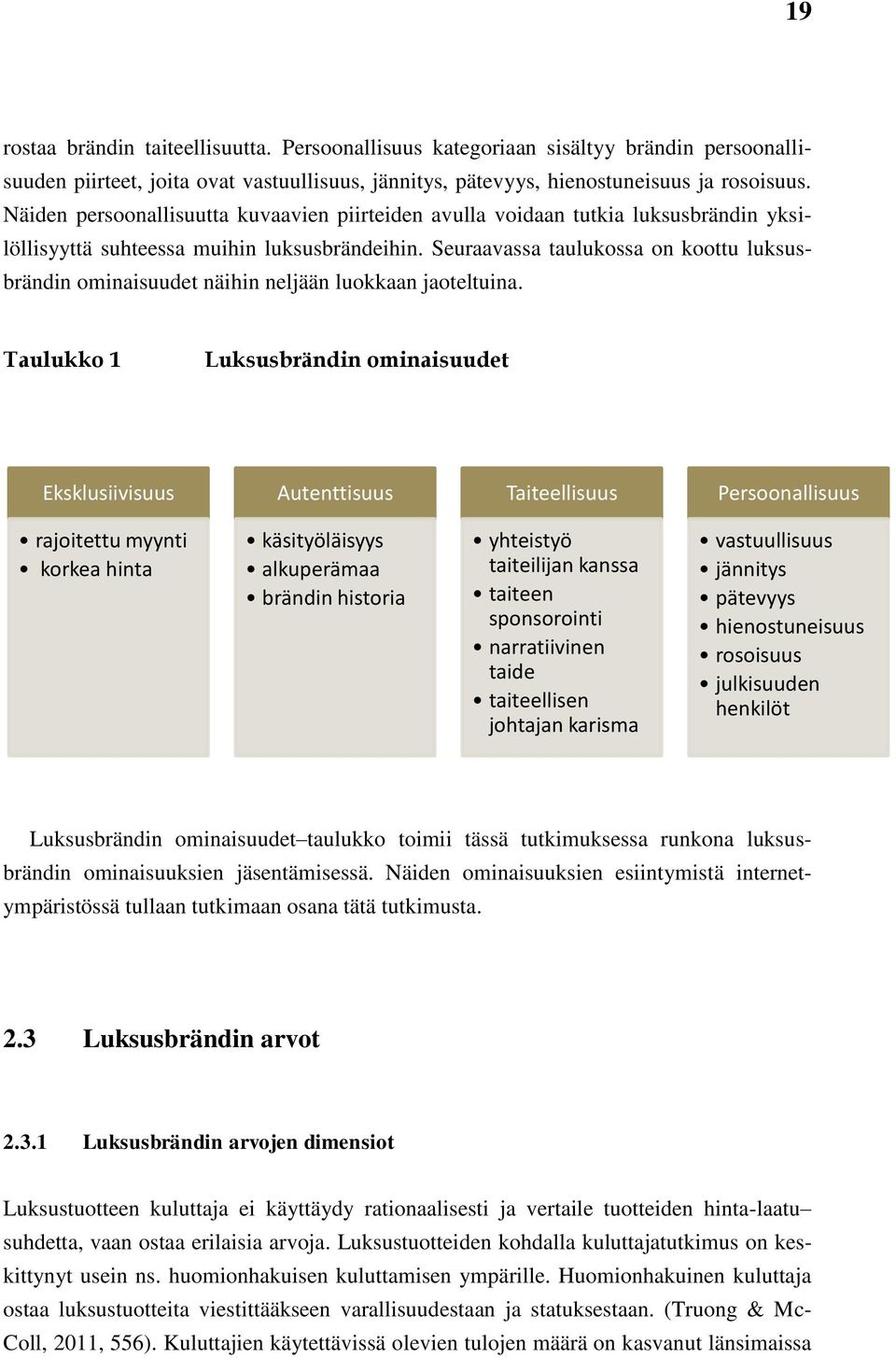 Seuraavassa taulukossa on koottu luksusbrändin ominaisuudet näihin neljään luokkaan jaoteltuina.