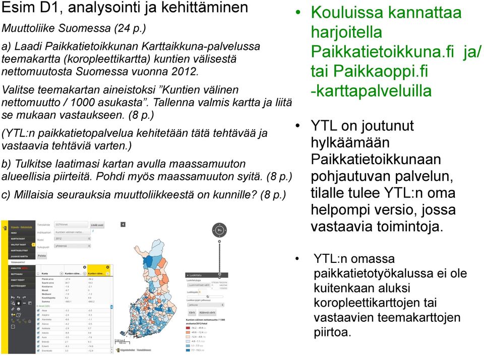 Valitse teemakartan aineistoksi Kuntien välinen nettomuutto / 1000 asukasta. Tallenna valmis kartta ja liitä se mukaan vastaukseen. (8 p.