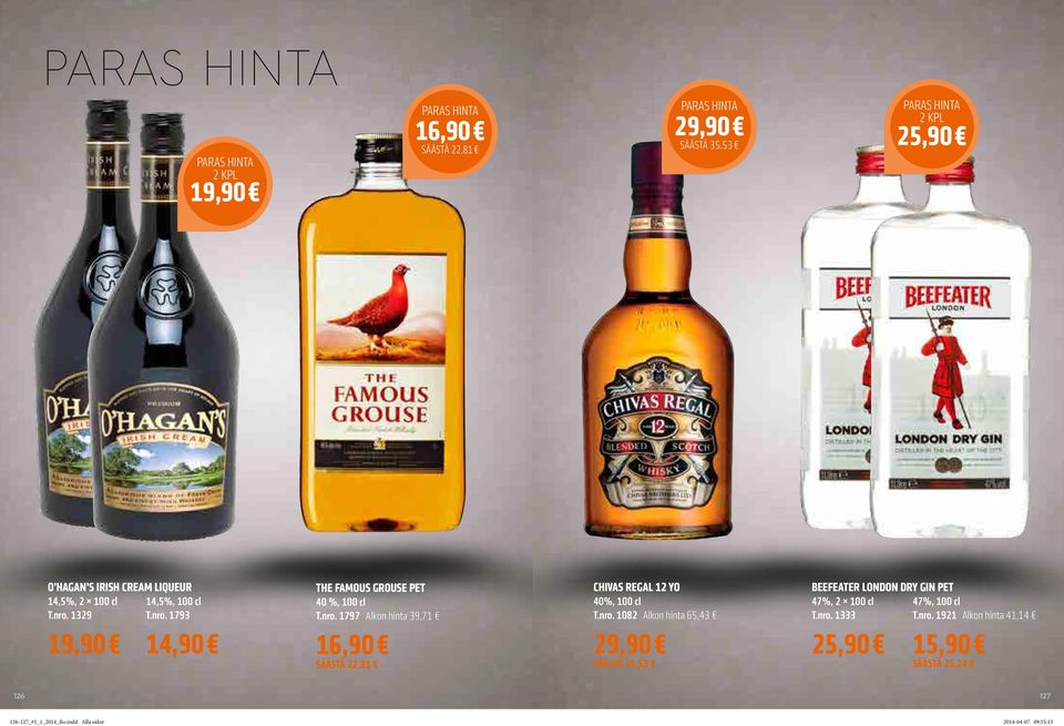 nro. 1082 Alkon hinta 65,43 29,90 SÄÄSTÄ 35,53 BEEFEATER LONDON DRY GIN PET 47%, 2 100 cl 47%, 100 cl T.nro. 1333 T.nro. 1921 Alkon hinta 41,14 25,90 15,90 SÄÄSTÄ 25,24 126 127 126-127_#1_1_2014_fio.