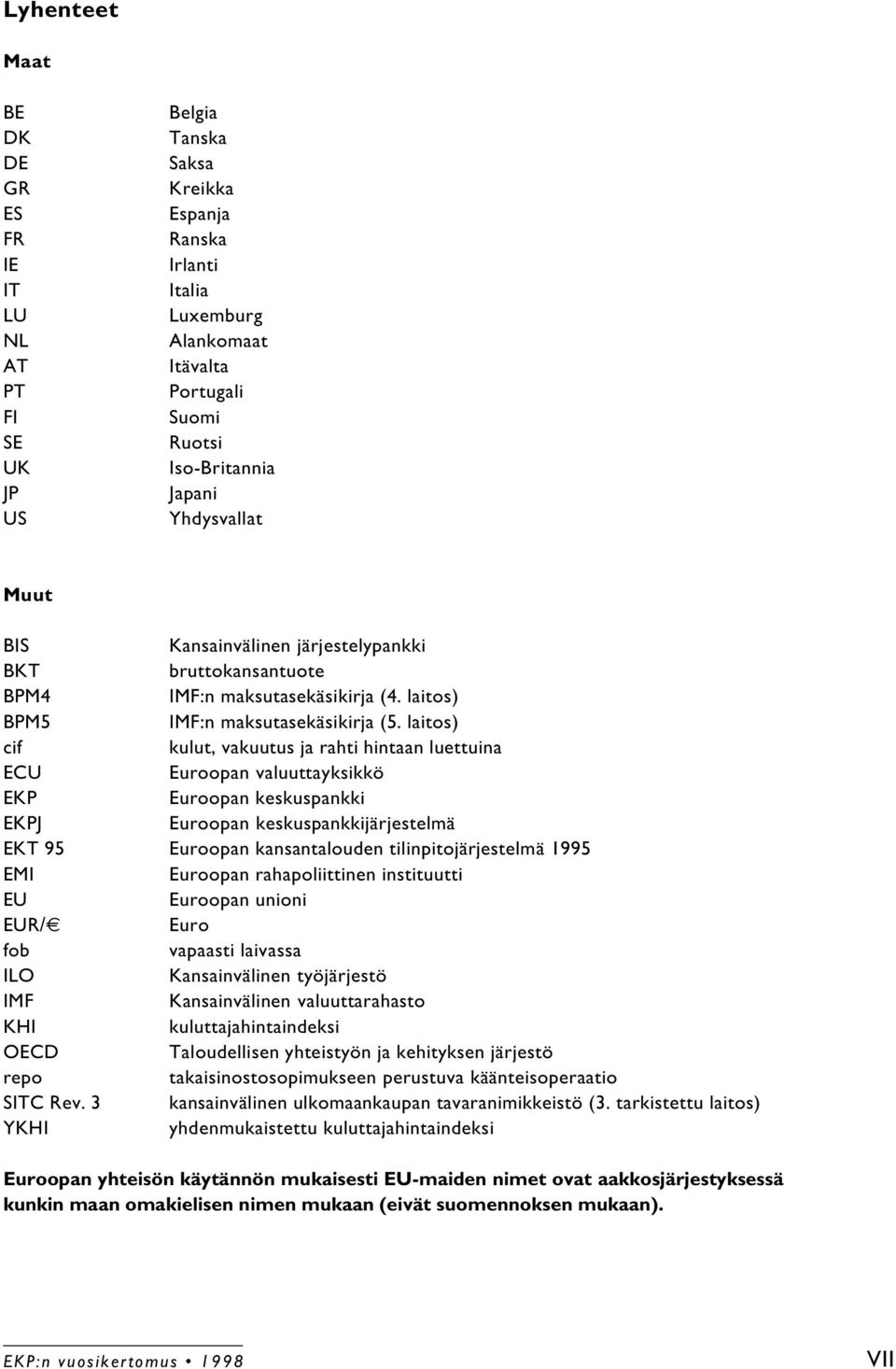 laitos) cif kulut, vakuutus ja rahti hintaan luettuina ECU Euroopan valuuttayksikkö EKP Euroopan keskuspankki EKPJ Euroopan keskuspankkijärjestelmä EKT 95 Euroopan kansantalouden tilinpitojärjestelmä