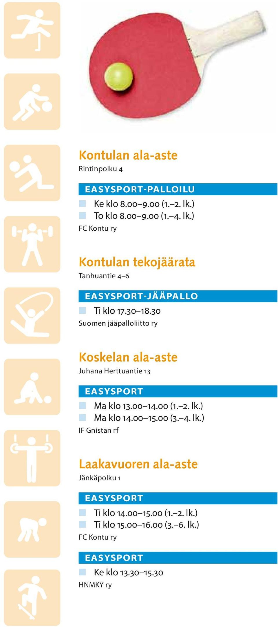30 Suomen jääpalloliitto ry Koskelan ala-aste Juhana Herttuantie 13 n Ma klo 13.00 14.00 (1. 2. lk.) n Ma klo 14.