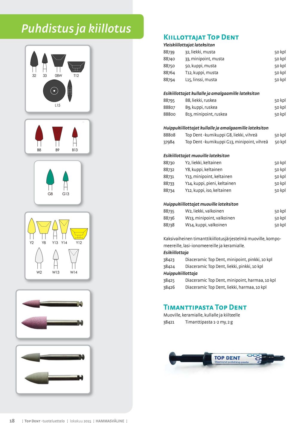 Huippukiillottajat kullalle ja amalgaamille lateksiton 88808 Top Dent -kumikuppi G8, liekki, vihreä 50 kpl 37984 Top Dent -kumikuppi G13, minipoint, vihreä 50 kpl Esikiillottajat muoville lateksiton