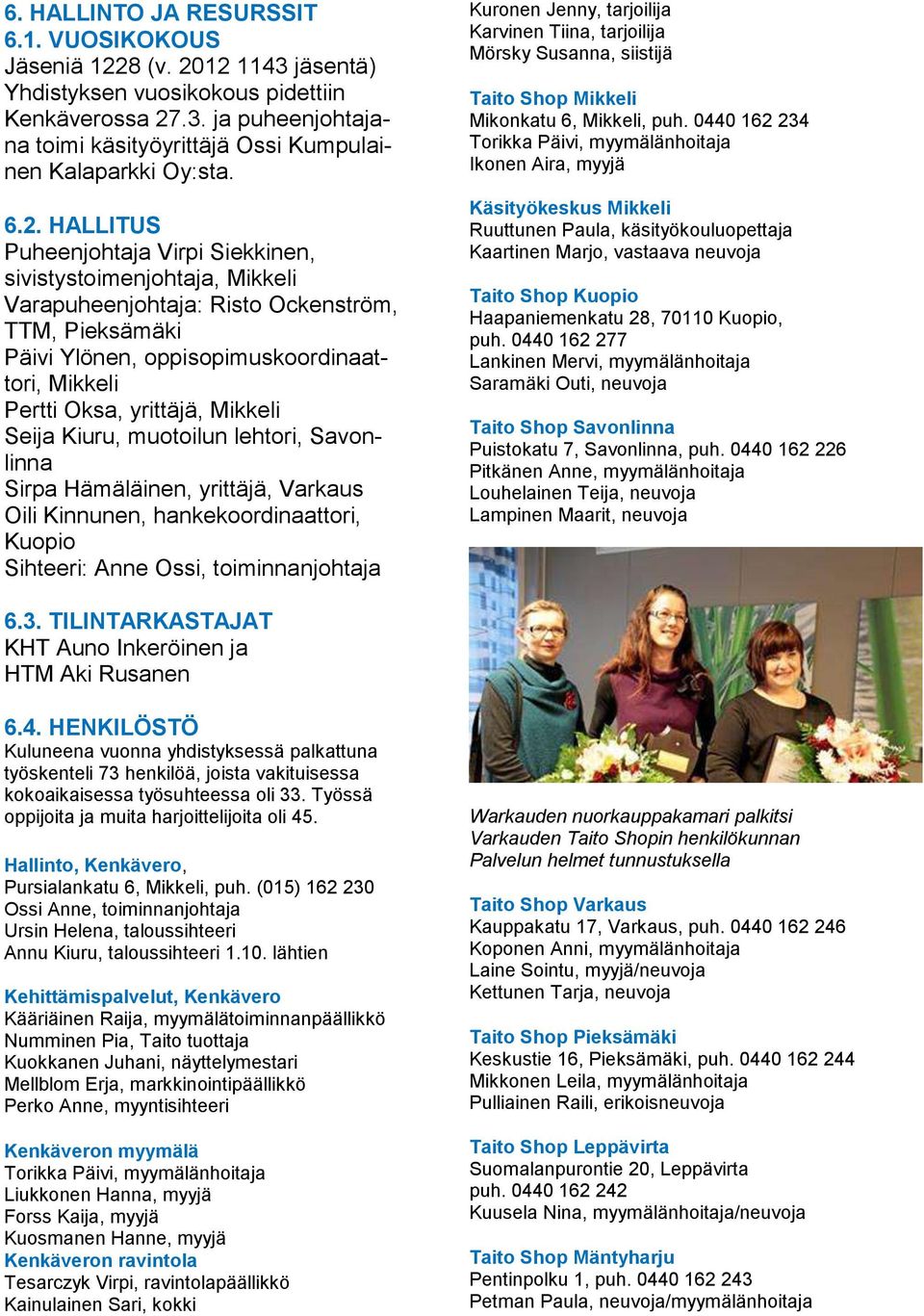 yrittäjä, Mikkeli Seija Kiuru, muotoilun lehtori, Savonlinna Sirpa Hämäläinen, yrittäjä, Varkaus Oili Kinnunen, hankekoordinaattori, Kuopio Sihteeri: Anne Ossi, toiminnanjohtaja Kuronen Jenny,