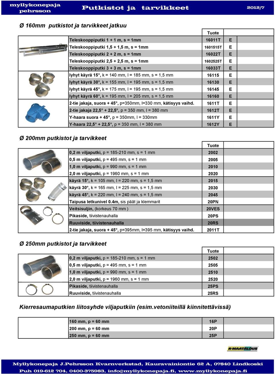 mm, s = 1,5 mm 16115 E lyhyt käyrä 30, k = 155 mm, l = 195 mm, s = 1,5 mm 16130 E lyhyt käyrä 45, k = 175 mm, l = 195 mm, s = 1,5 mm 16145 E lyhyt käyrä 60, k = 195 mm, l = 205 mm, s = 1,5 mm 16160 E