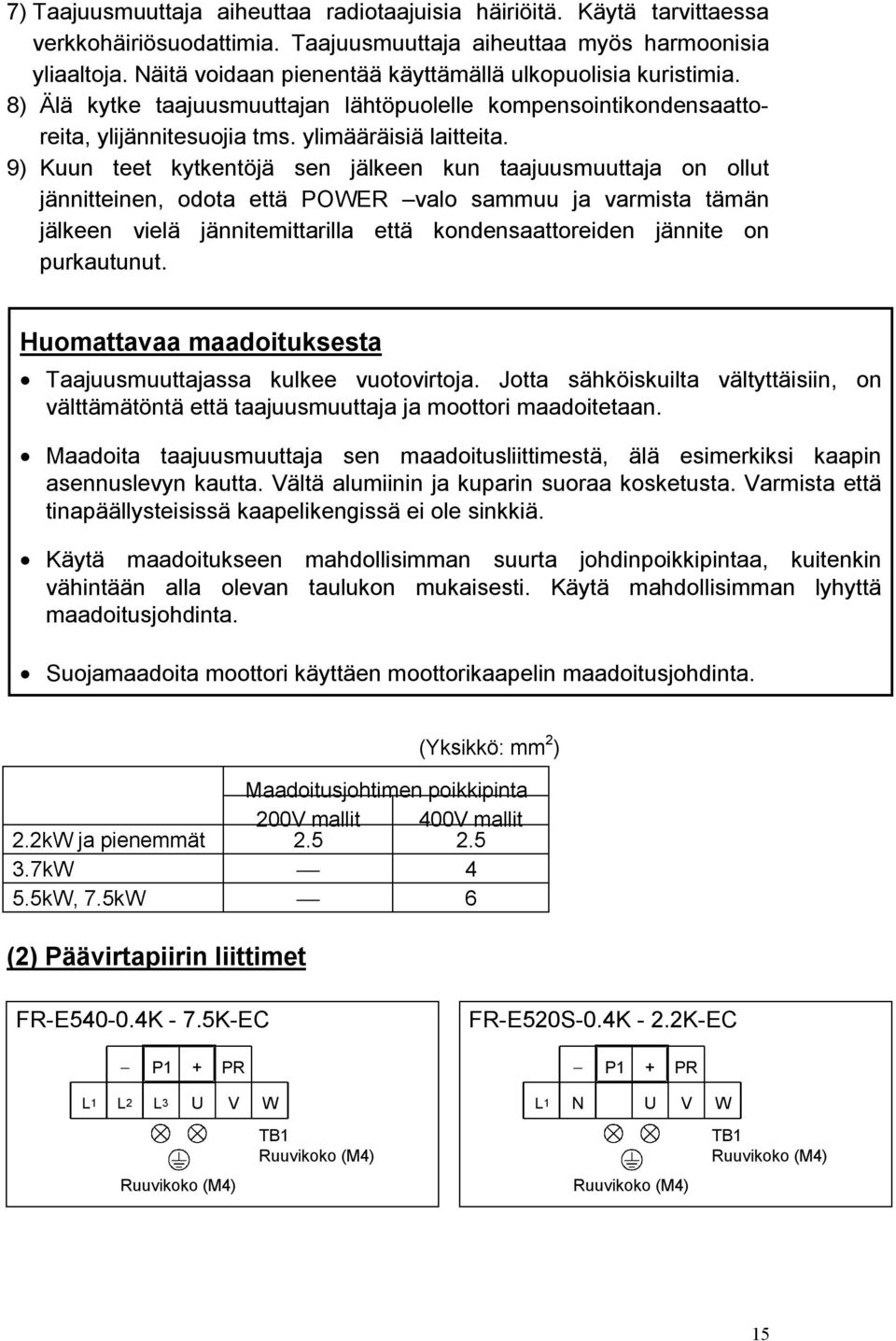 9) Kuun teet kytkentöjä sen jälkeen kun taajuusmuuttaja on ollut jännitteinen, odota että POWER valo sammuu ja varmista tämän jälkeen vielä jännitemittarilla että kondensaattoreiden jännite on