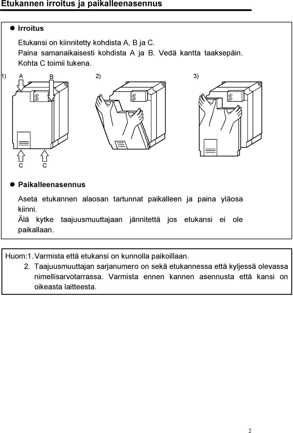 1) A B 2) 3) C C Paikalleenasennus Aseta etukannen alaosan tartunnat paikalleen ja paina yläosa kiinni.