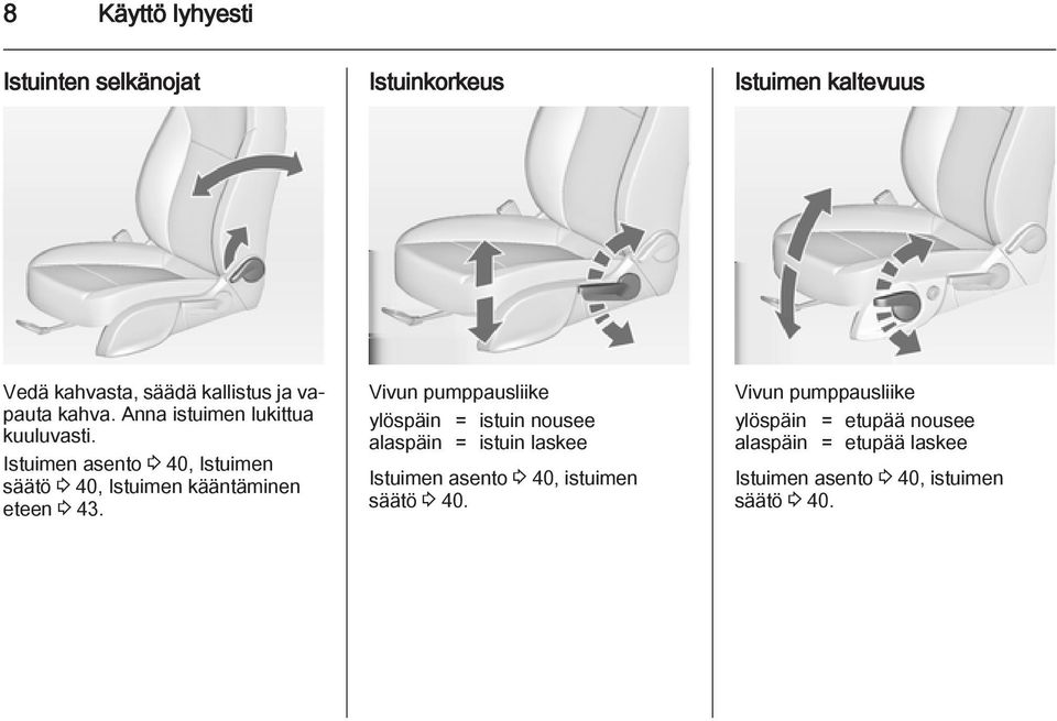 Istuimen asento 3 40, Istuimen säätö 3 40, Istuimen kääntäminen eteen 3 43.