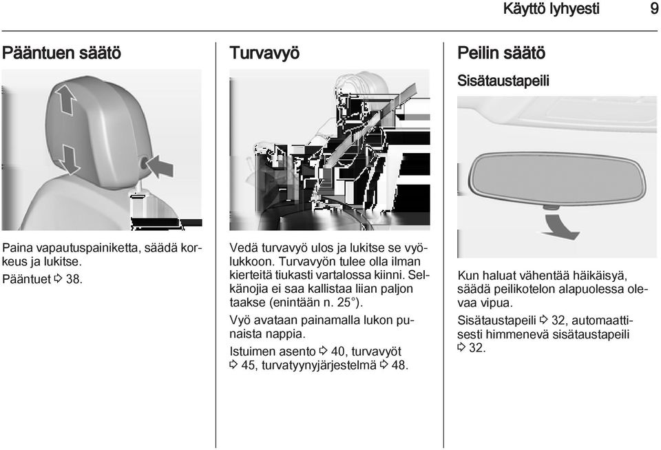 Selkänojia ei saa kallistaa liian paljon taakse (enintään n. 25 ). Vyö avataan painamalla lukon punaista nappia.