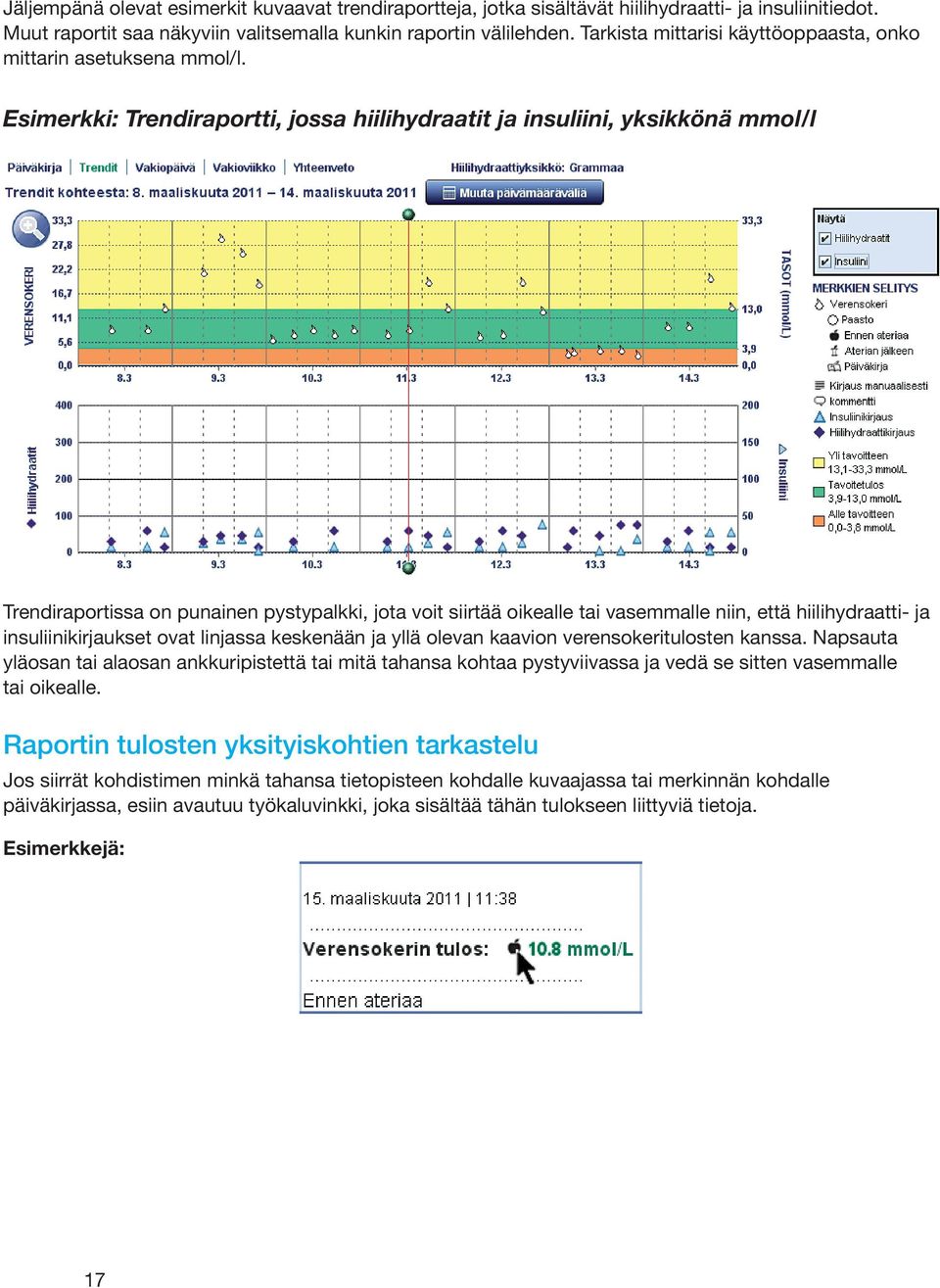 Esimerkki: Trendiraportti, jossa hiilihydraatit ja insuliini, yksikkönä mmol/l Trendiraportissa on punainen pystypalkki, jota voit siirtää oikealle tai vasemmalle niin, että hiilihydraatti- ja