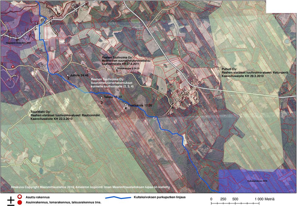 tuulivoima-alueet/ Rautionmäki Kaavoitusaloite KH 22.3.2010 Puhuri Oy/ Raahen eteläiset tuulivoima-alueet/ Ketunperä Kaavoitusaloite KH 29.3.2010 1 Uusitokola 12:26 Kultakaivoksen OYK Ilmakuva Copyright Maanmittauslaitos 2010.