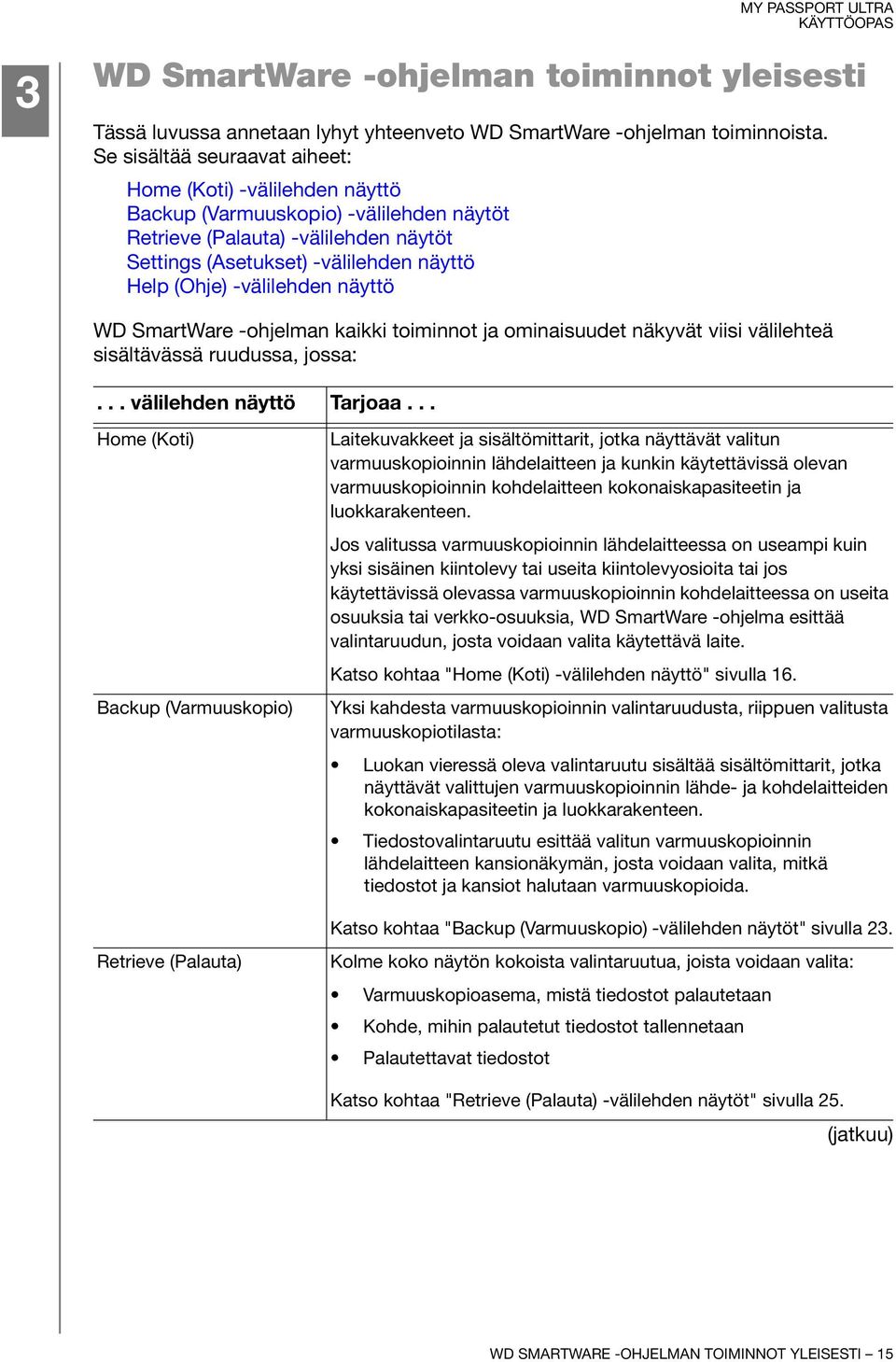 -välilehden näyttö WD SmartWare -ohjelman kaikki toiminnot ja ominaisuudet näkyvät viisi välilehteä sisältävässä ruudussa, jossa:... välilehden näyttö Tarjoaa.