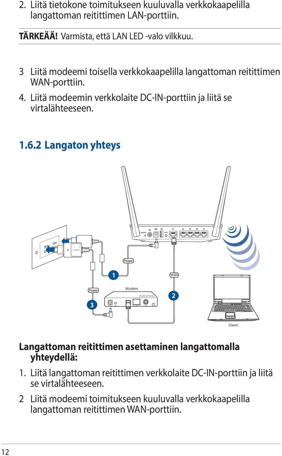 Liitä modeemin verkkolaite DC-IN-porttiin ja liitä se virtalähteeseen. 1.6.