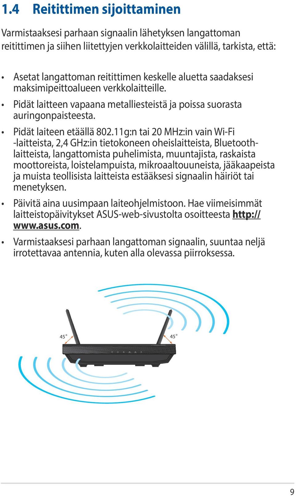 11g:n tai 20 MHz:in vain Wi-Fi -laitteista, 2,4 GHz:in tietokoneen oheislaitteista, Bluetoothlaitteista, langattomista puhelimista, muuntajista, raskaista moottoreista, loistelampuista,