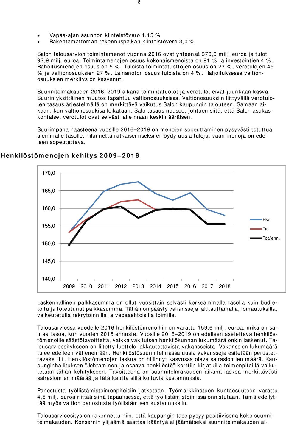 Tuloista toimintatuottojen osuus on 23 %, verotulojen 45 % ja valtionosuuksien 27 %. Lainanoton osuus tuloista on 4 %. Rahoituksessa valtionosuuksien merkitys on kasvanut.