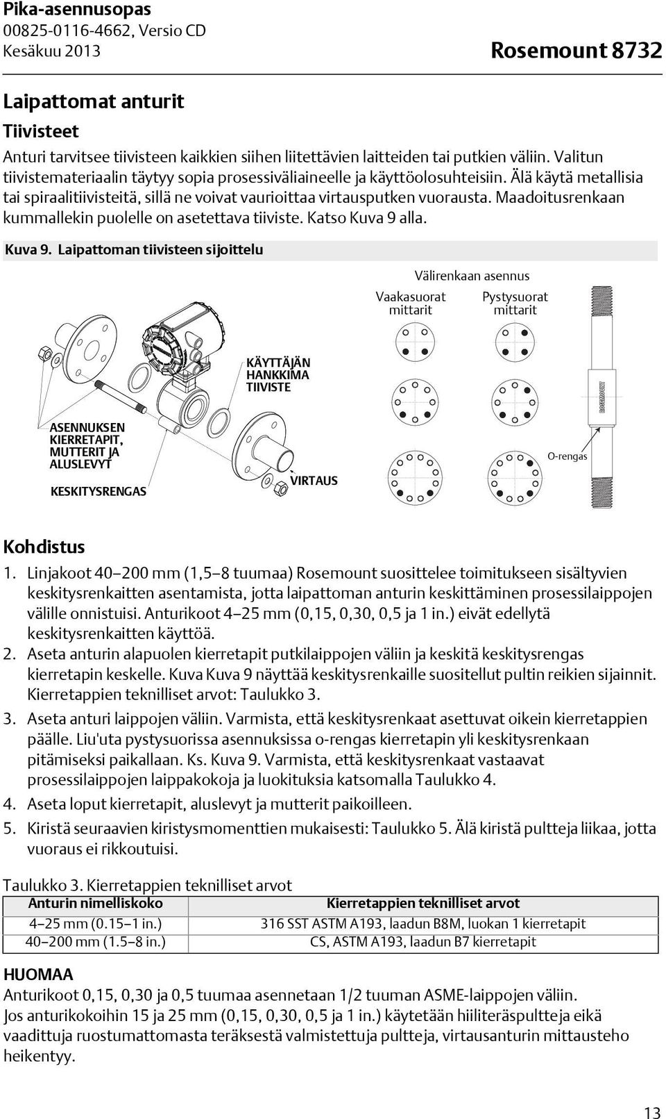 Maadoitusrenkaan kummallekin puolelle on asetettava tiiviste. Katso Kuva 9 