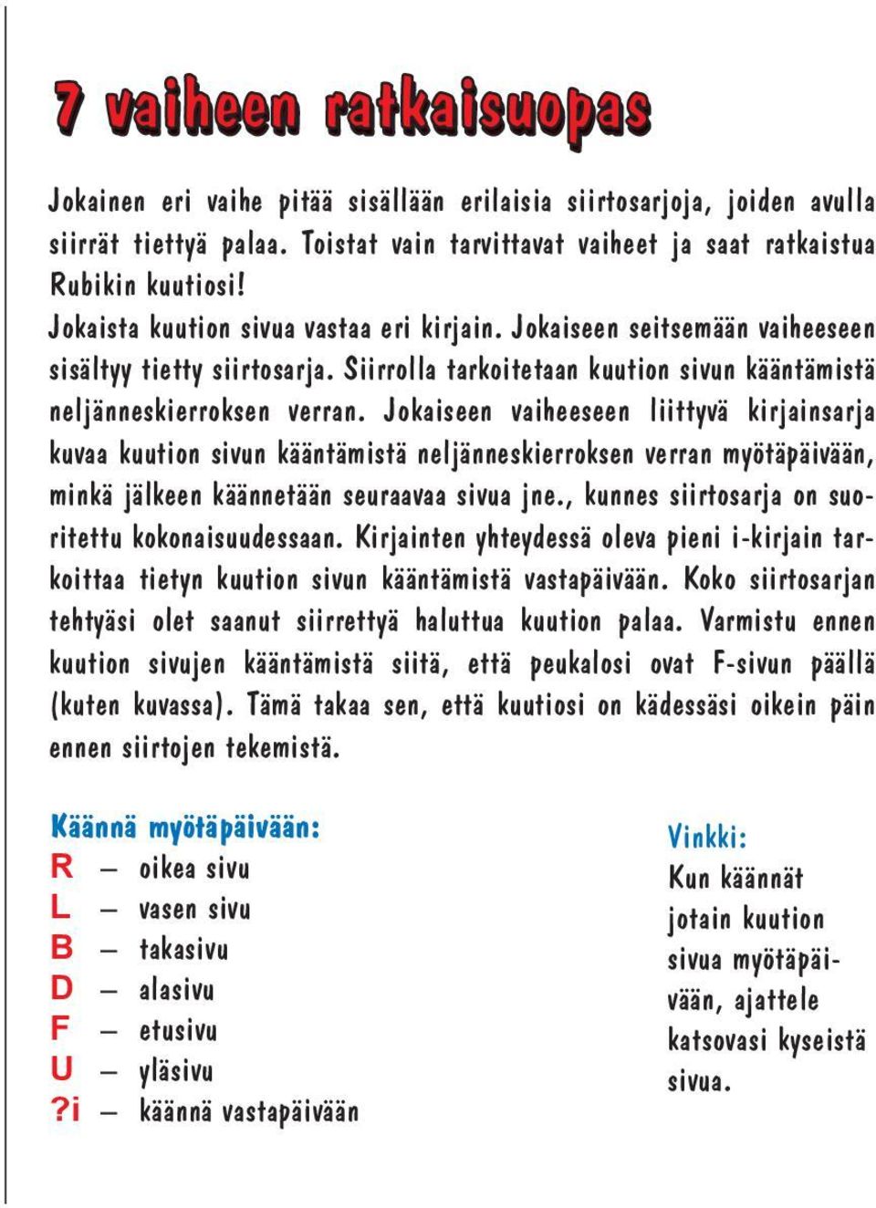 Jokaiseen vaiheeseen liittyvä kirjainsarja kuvaa kuution sivun kääntämistä neljänneskierroksen verran myötäpäivään, minkä jälkeen käännetään seuraavaa sivua jne.