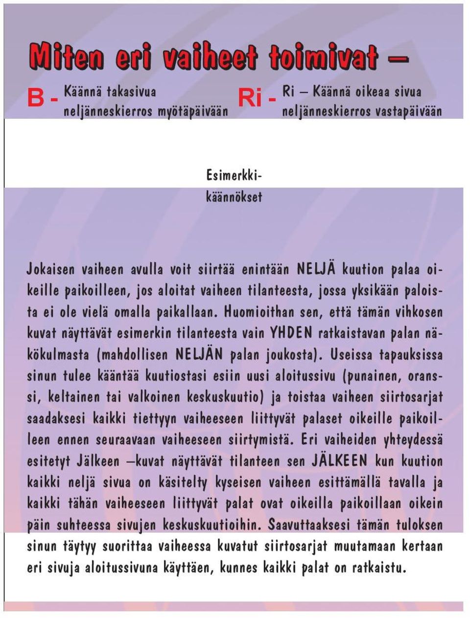 Huomioithan sen, että tämän vihkosen kuvat näyttävät esimerkin tilanteesta vain YHDEN ratkaistavan palan näkökulmasta (mahdollisen NELJÄN palan joukosta).