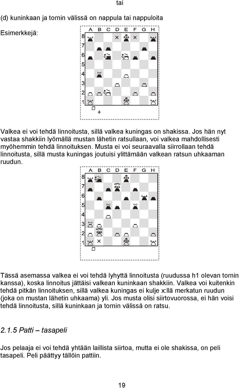 Musta ei voi seuraavalla siirrollaan tehdä linnoitusta, sillä musta kuningas joutuisi ylittämään valkean ratsun uhkaaman ruudun.