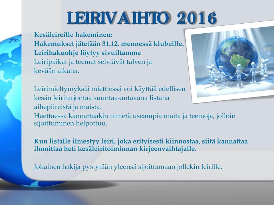 Leirimieltymyksiä miettiessä voi käyttää edellisen kesän leiritarjontaa suuntaa-antavana listana aihepiireistä ja maista.